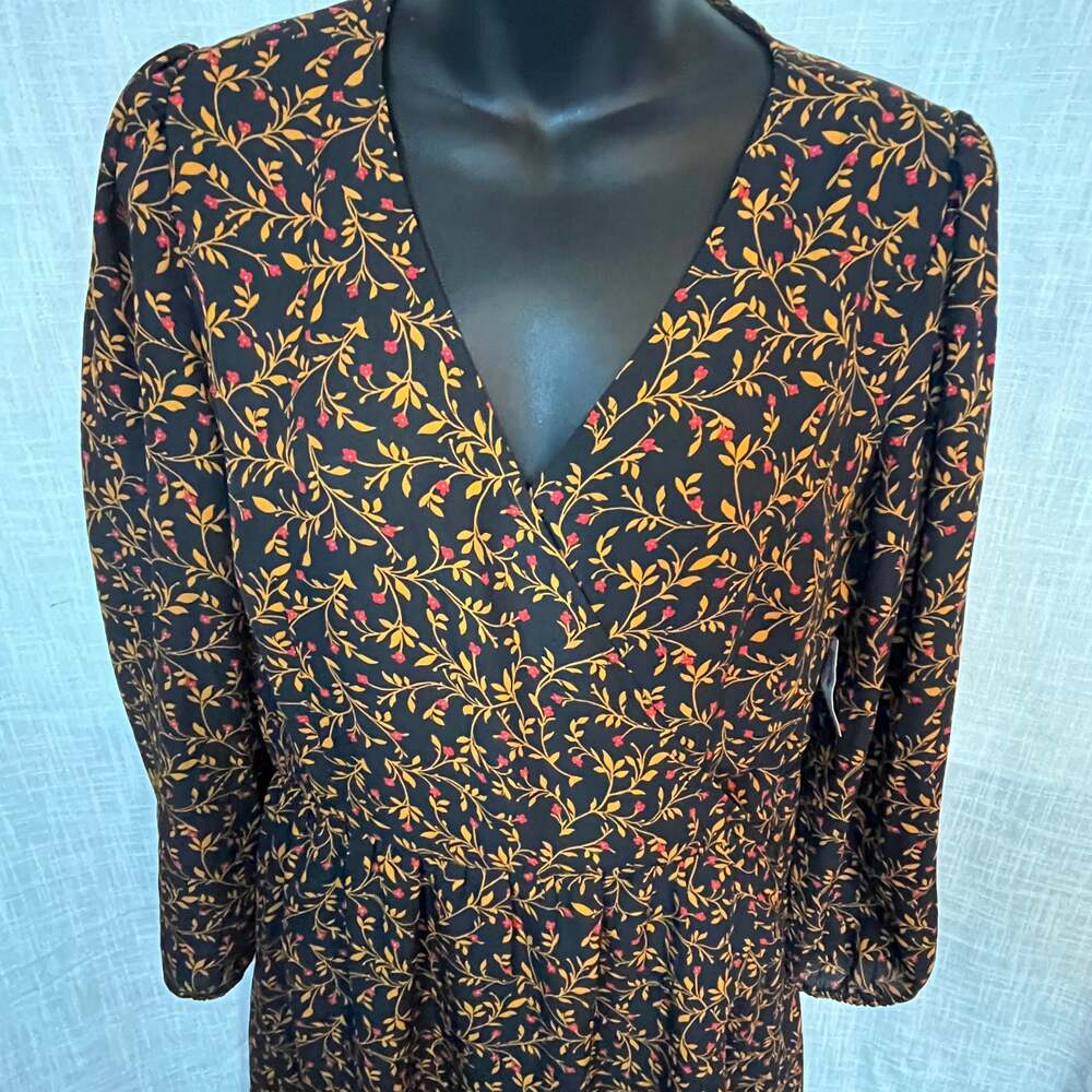 Floral Black Red Long Sleeve Faux Wrap Dress asymmetrical hem ruffle M prairie - Picture 3 of 8